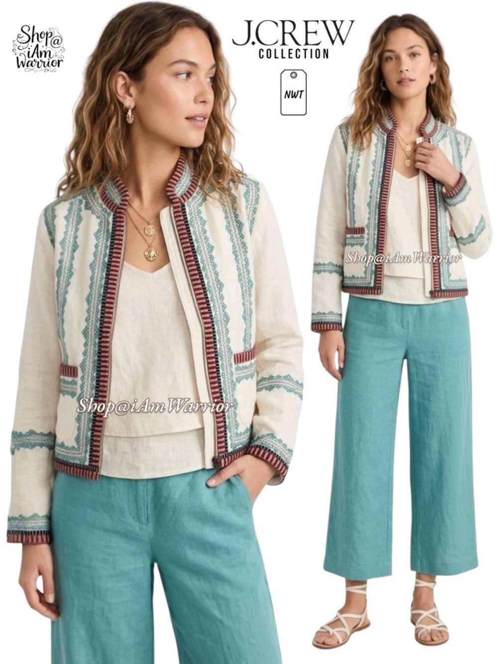 J.Crew Collection NWT Embroidered Boho Ribbon Trim Zip Front Ivory Linen Jacket